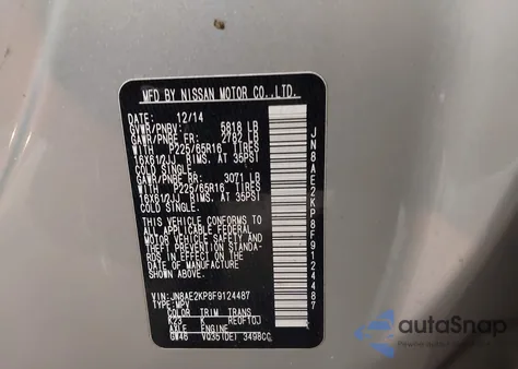 2015 Nissan Quest S/Sv/Sl/Platinum from USA, damaged, VIN JN8AE2KP8F9124487